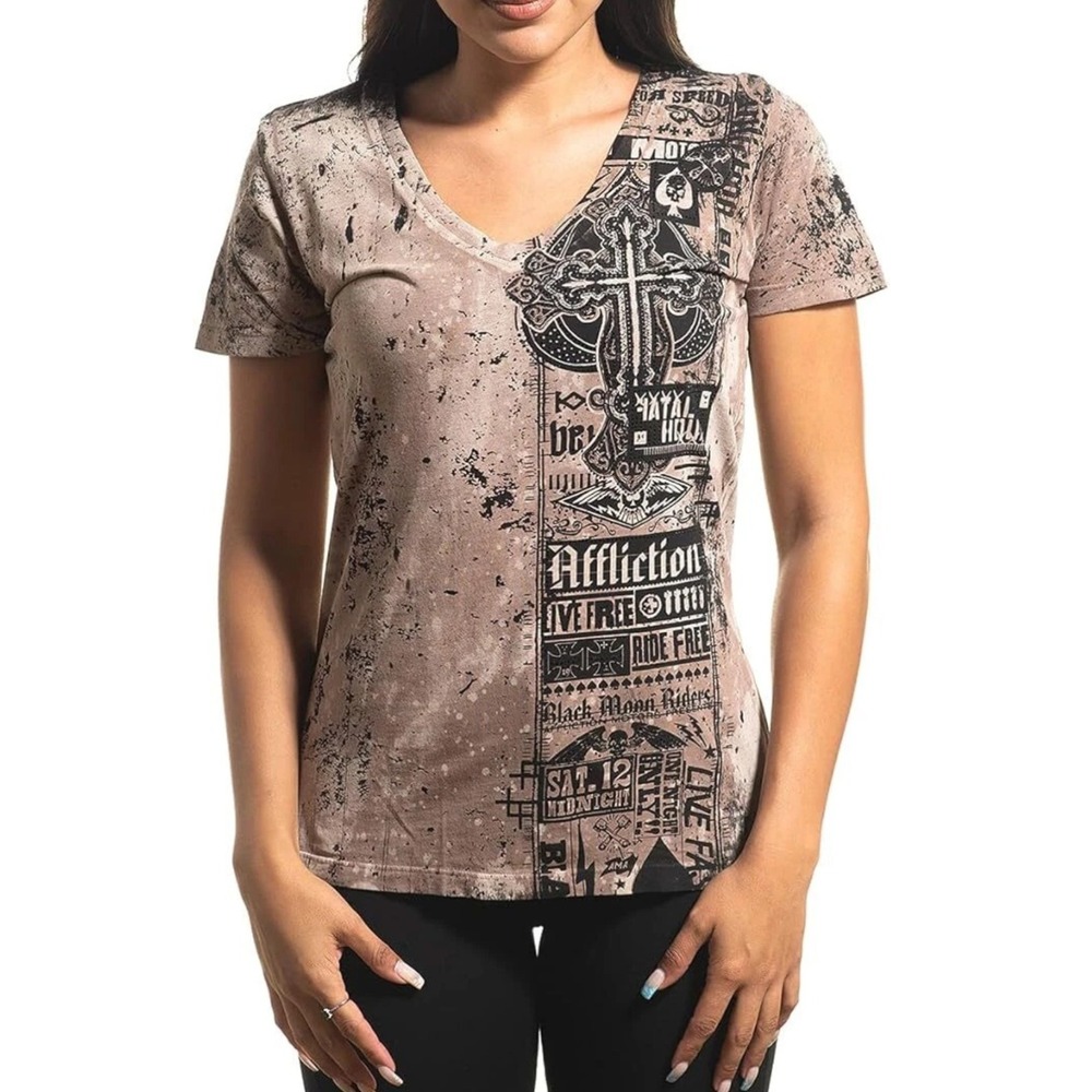 Affliction‎ Women's NORTHBOUND Short Sleeve V-neck T-shirt Y2K Bling